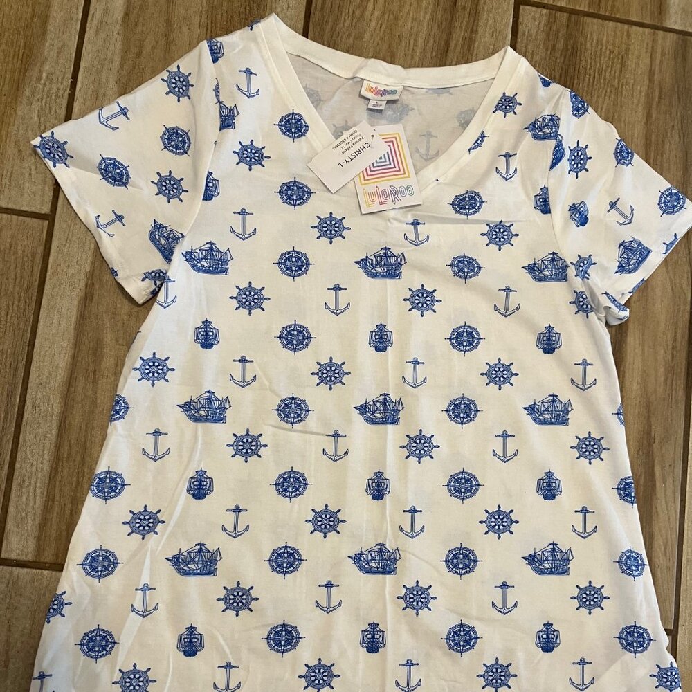 NWT LulaRoe Christy Hi-Low Top Size Large White/Blue Nautical Design **